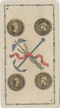 Read about Four of Coins from the Ancient Tarot of Lombardy Deck
