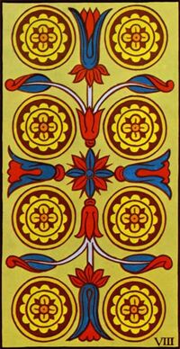 Read about Eight of Coins from the Marseilles Pattern Tarot Deck