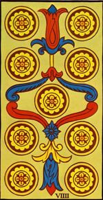 Nine of Coins from the Marseilles Pattern Tarot Deck