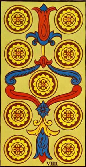 Nine of Coins from the Marseilles Pattern Tarot Deck