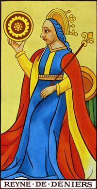 Read about Queen of Coins from the Marseilles Pattern Tarot Deck