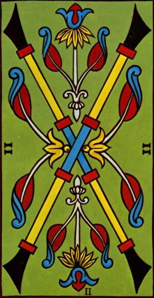 Two of Clubs from the Marseilles Pattern Tarot Deck