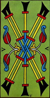 Read about Five of Clubs from the Marseilles Pattern Tarot Deck