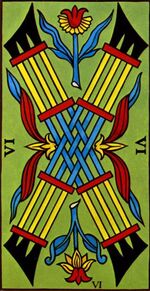 Six of Clubs from the Marseilles Pattern Tarot Deck