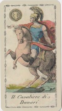 Knight of Coins from the Ancient Tarot of Lombardy Tarot Deck