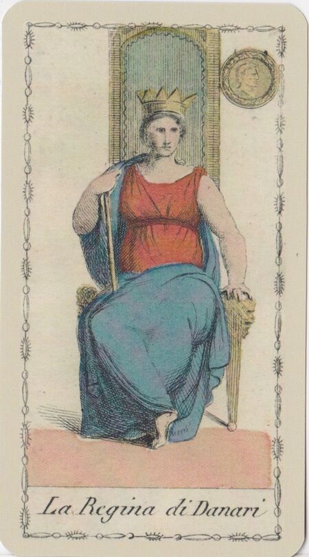 Queen of Coins from the Ancient Tarot of Lombardy Deck