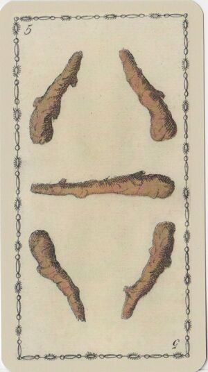 Five of Clubs from the Ancient Tarot of Lombardy Deck