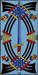 Seven of Swords from the Marseilles Pattern Tarot Deck
