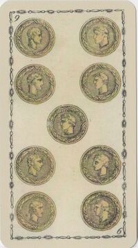 Read about Nine of Coins from the Ancient Tarot of Lombardy Deck