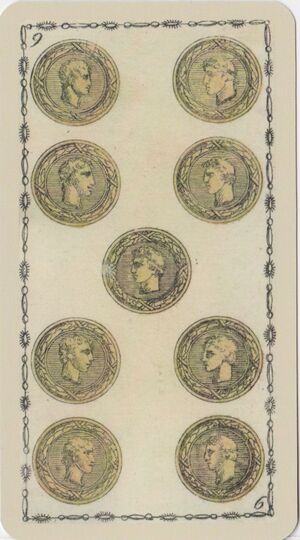 Nine of Coins from the Ancient Tarot of Lombardy Tarot Deck