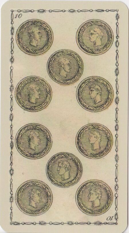 Ten of Coins from the Ancient Tarot of Lombardy Deck