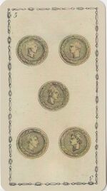 Five of Coins from the Ancient Tarot of Lombardy Tarot Deck