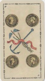 Four of Coins from the Ancient Tarot of Lombardy Tarot Deck