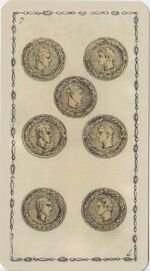 Seven of Coins from the Ancient Tarot of Lombardy Tarot Deck