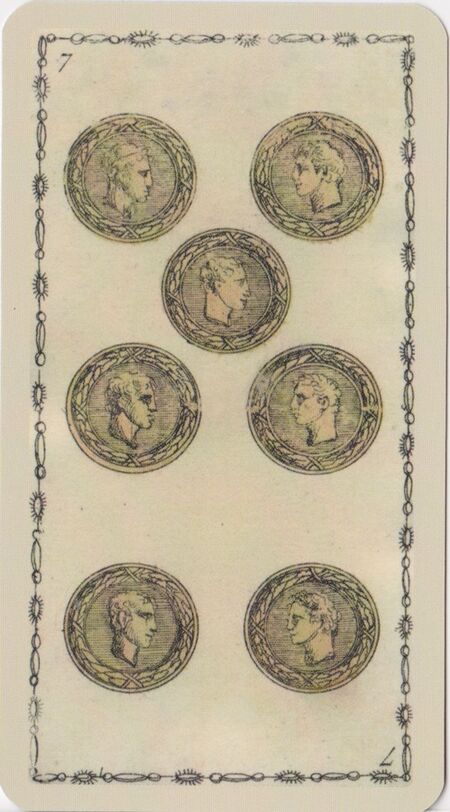 Seven of Coins from the Ancient Tarot of Lombardy Tarot Deck