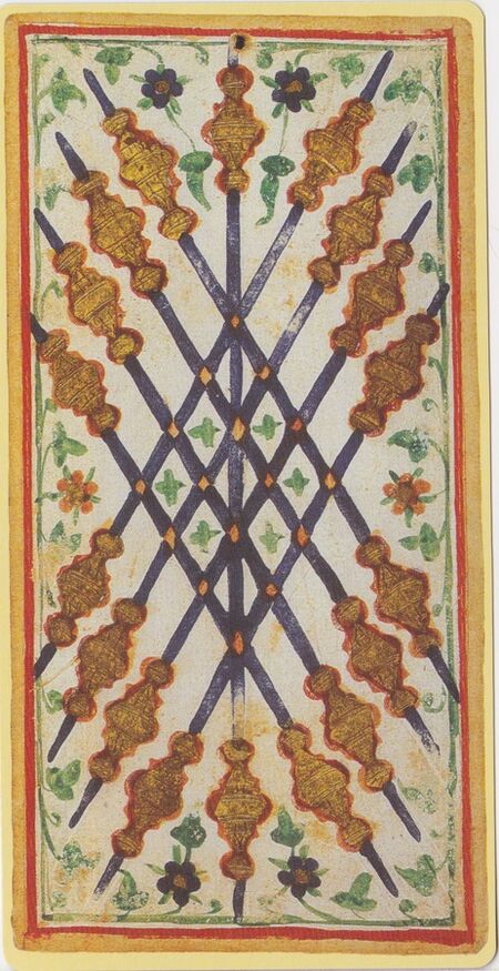 Nine of Wands from the Visconti B Tarot Deck Fragment Deck