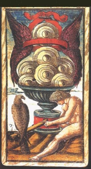 Seven of Coins from the Sola Busca Tarot Deck