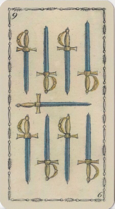Nine of Swords from the Ancient Tarot of Lombardy Tarot Deck