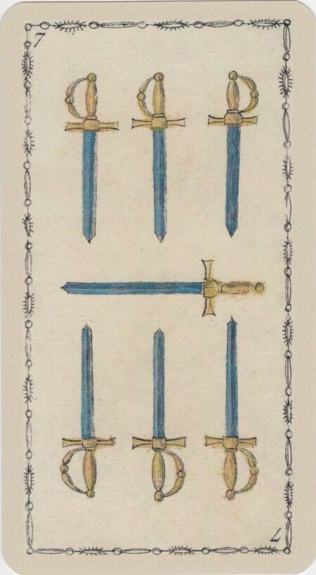 Seven of Swords from the Ancient Tarot of Lombardy Tarot Deck