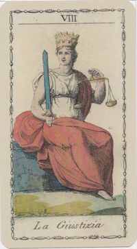 Read about Justice from the Ancient Tarot of Lombardy Deck
