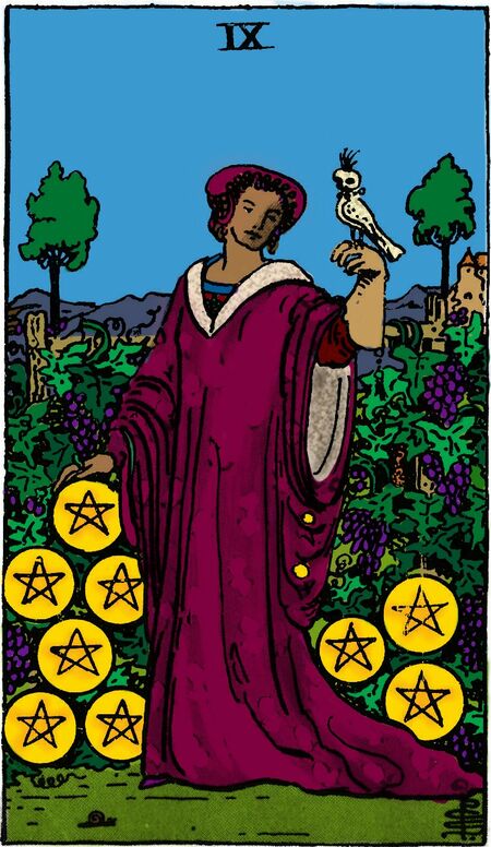 Nine of Pentacles from the Vivid Waite Smith Tarot Deck