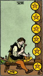 Eight of Pentacles from the Vivid Waite Smith Tarot Deck