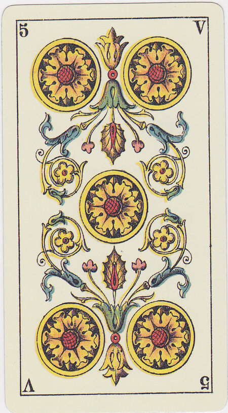 Five of Coins from the Tarot Genoves Deck