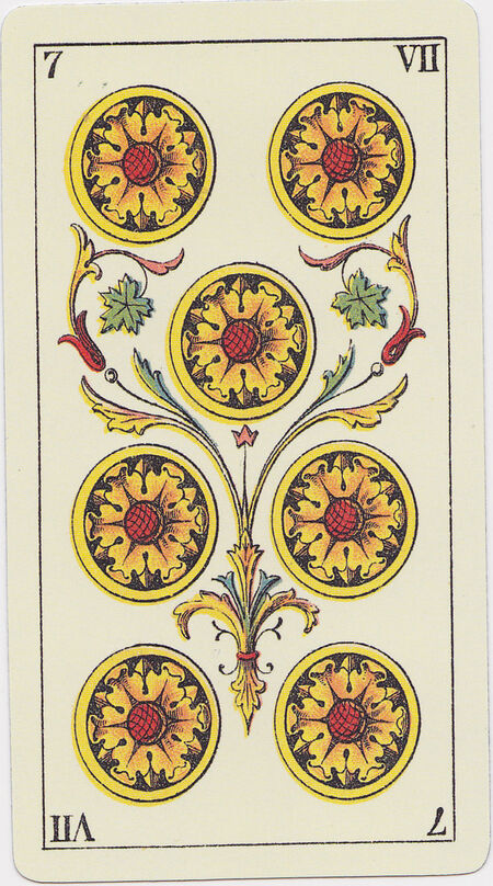 Seven of Coins from the Tarot Genoves Deck