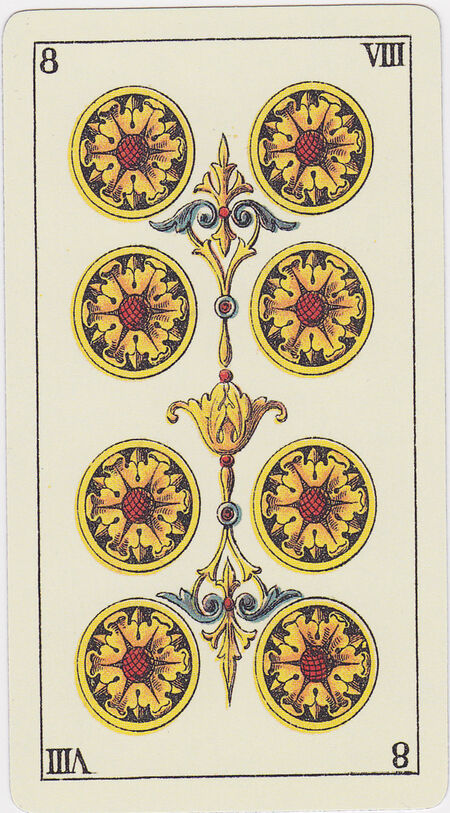 Eight of Coins from the Tarot Genoves Deck