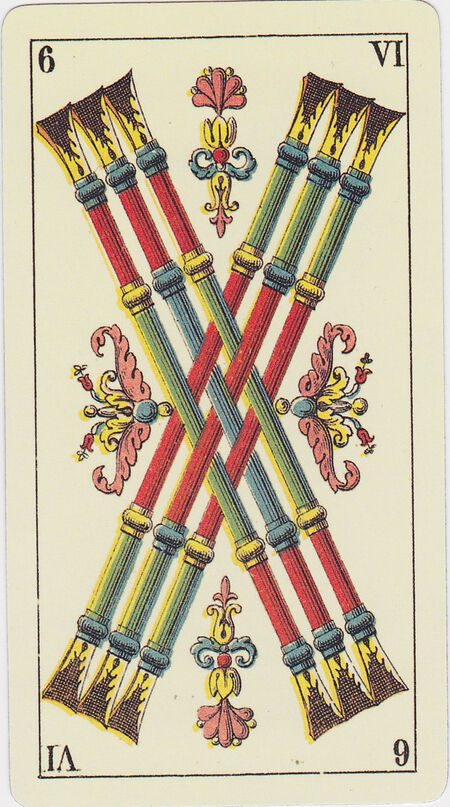 Six of Clubs from the Tarot Genoves Tarot Deck