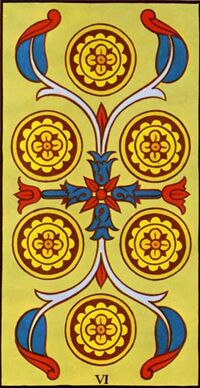 Read about Six of Coins from the Marseilles Pattern Tarot Deck