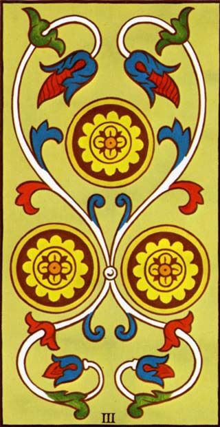 Three of Coins from the Marseilles Pattern Tarot Deck